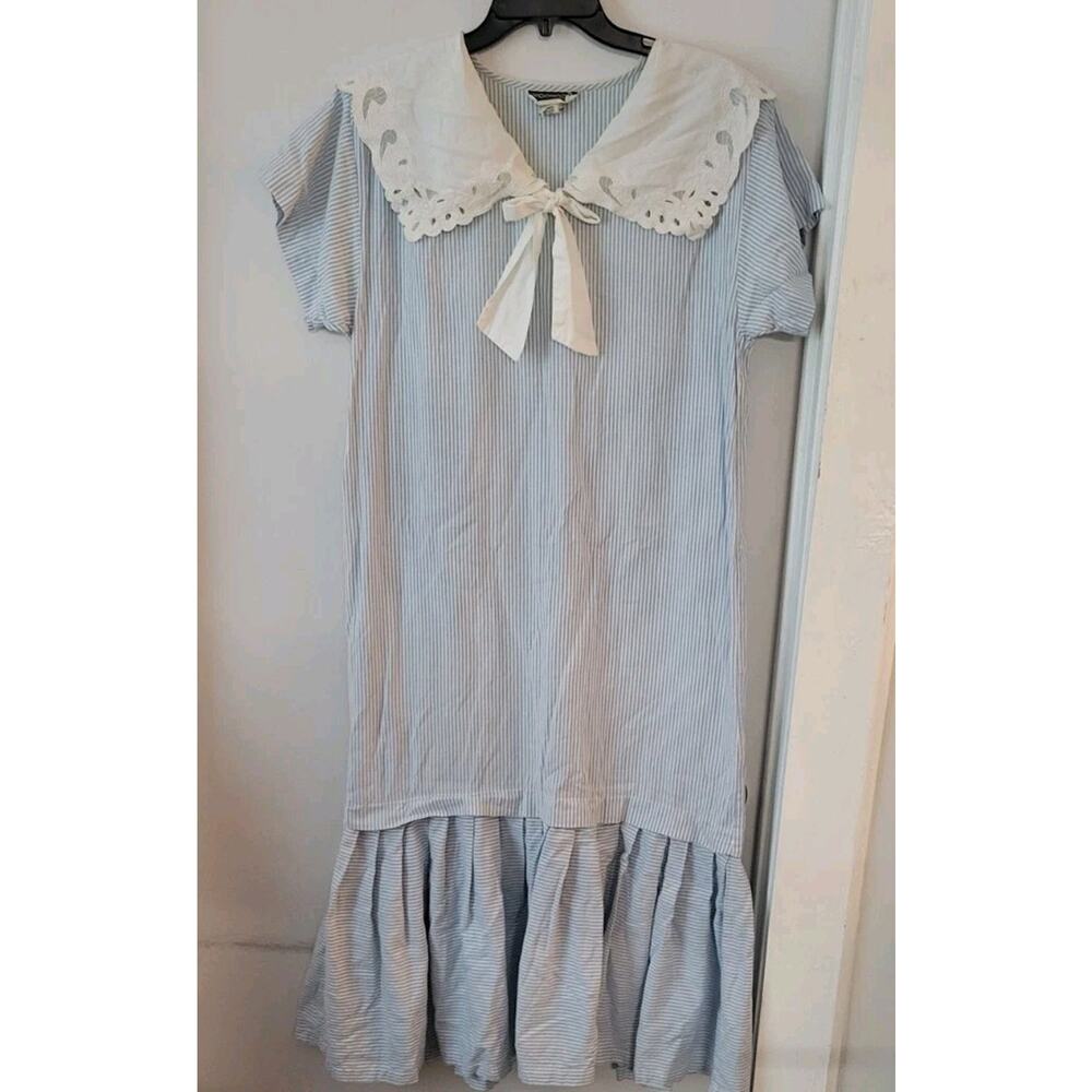 Moonglow Vtg. 70s Sz. L Cotton Cottage Boho Prairie Nautical Lace Midi Dress